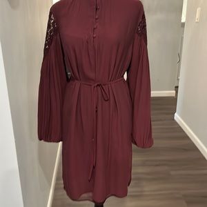 Tie waist embroidered pleated trumpet sleeve . Fully lined eggplant . S